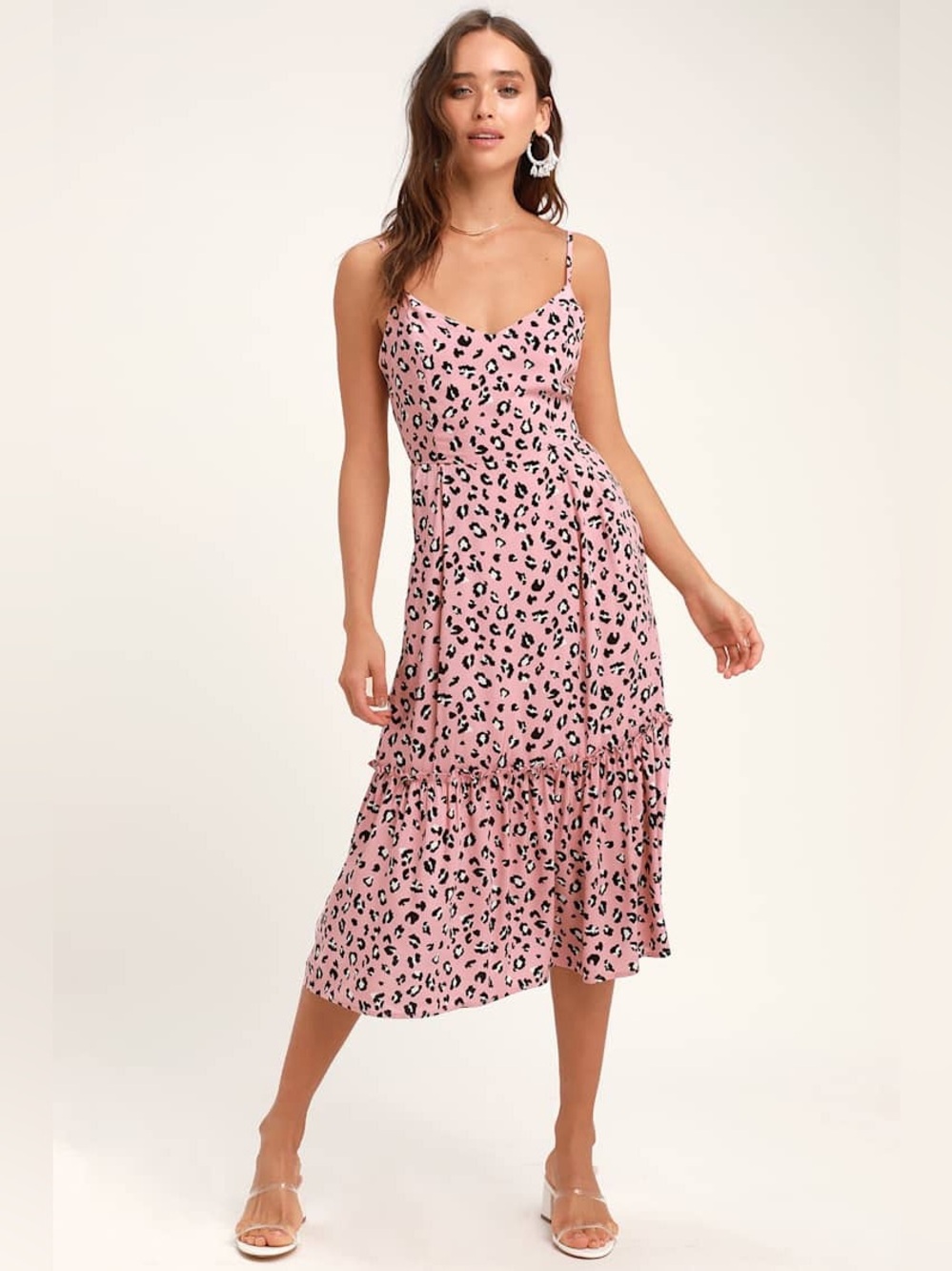 Lulus Cheyanne Mauve Pink Leopard Print Midi Dress small